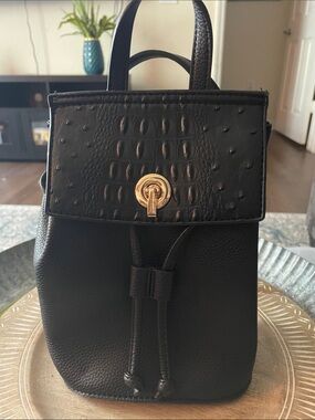 Black Women's Faux Leather Mini Backpack with Gold Turn-Lock